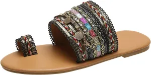 Dressy Flat Sandals for Women Falt Slip On Two Strap toe Loop Summer Slide Plus Size Flip Flops Retro One toe