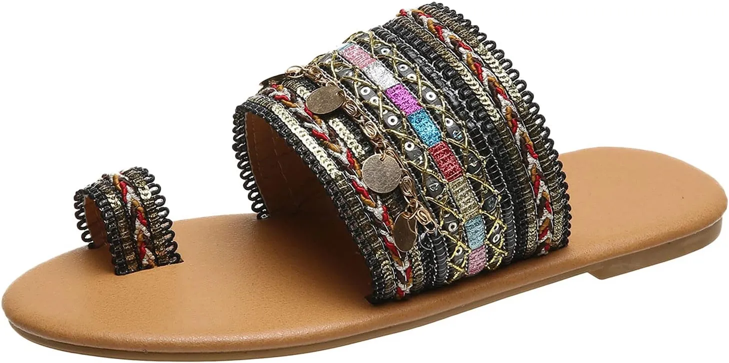 Dressy Flat Sandals for Women Falt Slip On Two Strap toe Loop Summer Slide Plus Size Flip Flops Retro One toe