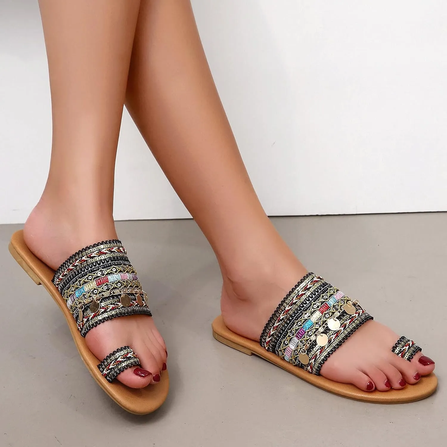 Dressy Flat Sandals for Women Falt Slip On Two Strap toe Loop Summer Slide Plus Size Flip Flops Retro One toe