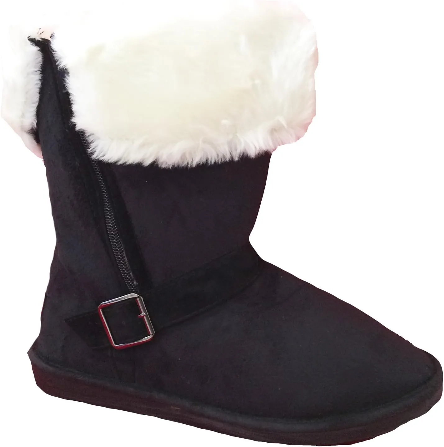E-5520 Women's Winter Boots Faux Suede Fashion Folded Buckled Strap Side Zipper Mid-Calf Warm Fur Shoes 4 Colors, Black, Brown, Gray, Tan
