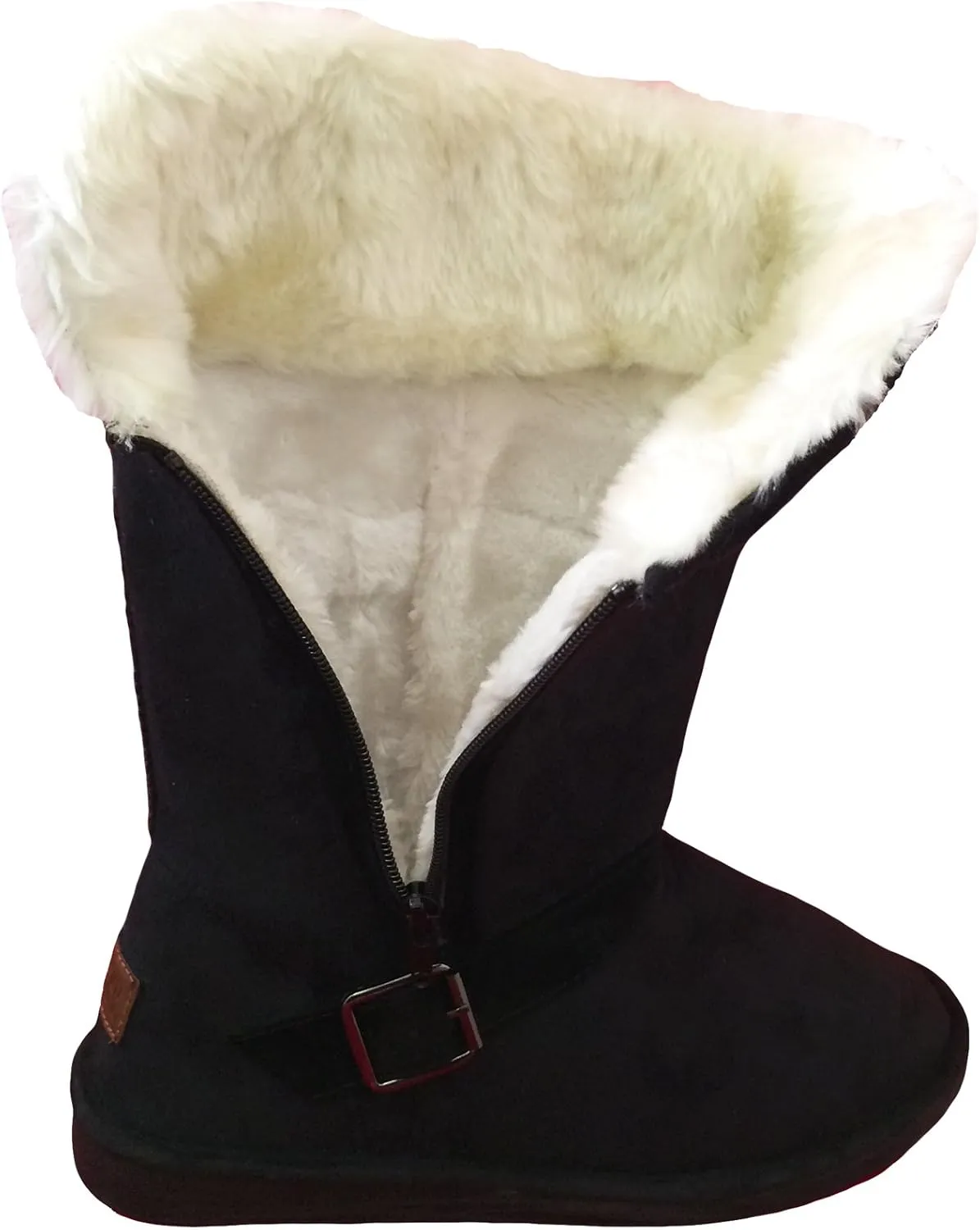 E-5520 Women's Winter Boots Faux Suede Fashion Folded Buckled Strap Side Zipper Mid-Calf Warm Fur Shoes 4 Colors, Black, Brown, Gray, Tan