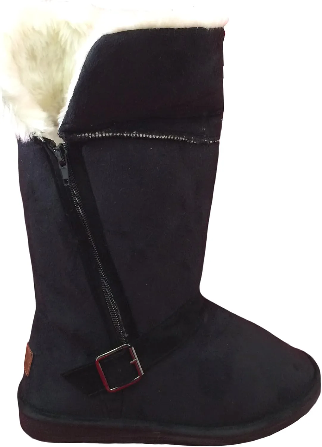 E-5520 Women's Winter Boots Faux Suede Fashion Folded Buckled Strap Side Zipper Mid-Calf Warm Fur Shoes 4 Colors, Black, Brown, Gray, Tan