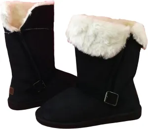 E-5520 Women's Winter Boots Faux Suede Fashion Folded Buckled Strap Side Zipper Mid-Calf Warm Fur Shoes 4 Colors, Black, Brown, Gray, Tan