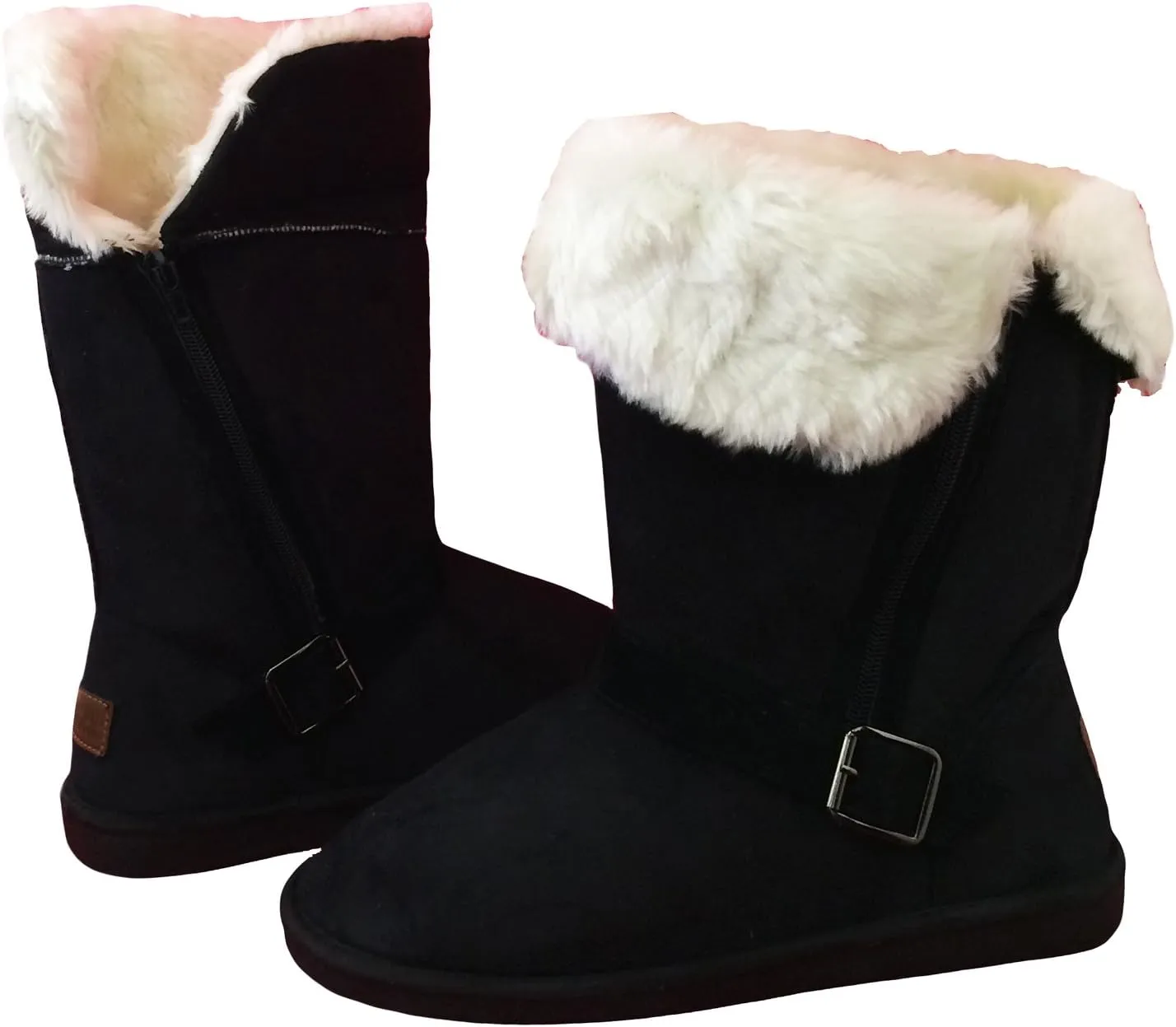 E-5520 Women's Winter Boots Faux Suede Fashion Folded Buckled Strap Side Zipper Mid-Calf Warm Fur Shoes 4 Colors, Black, Brown, Gray, Tan