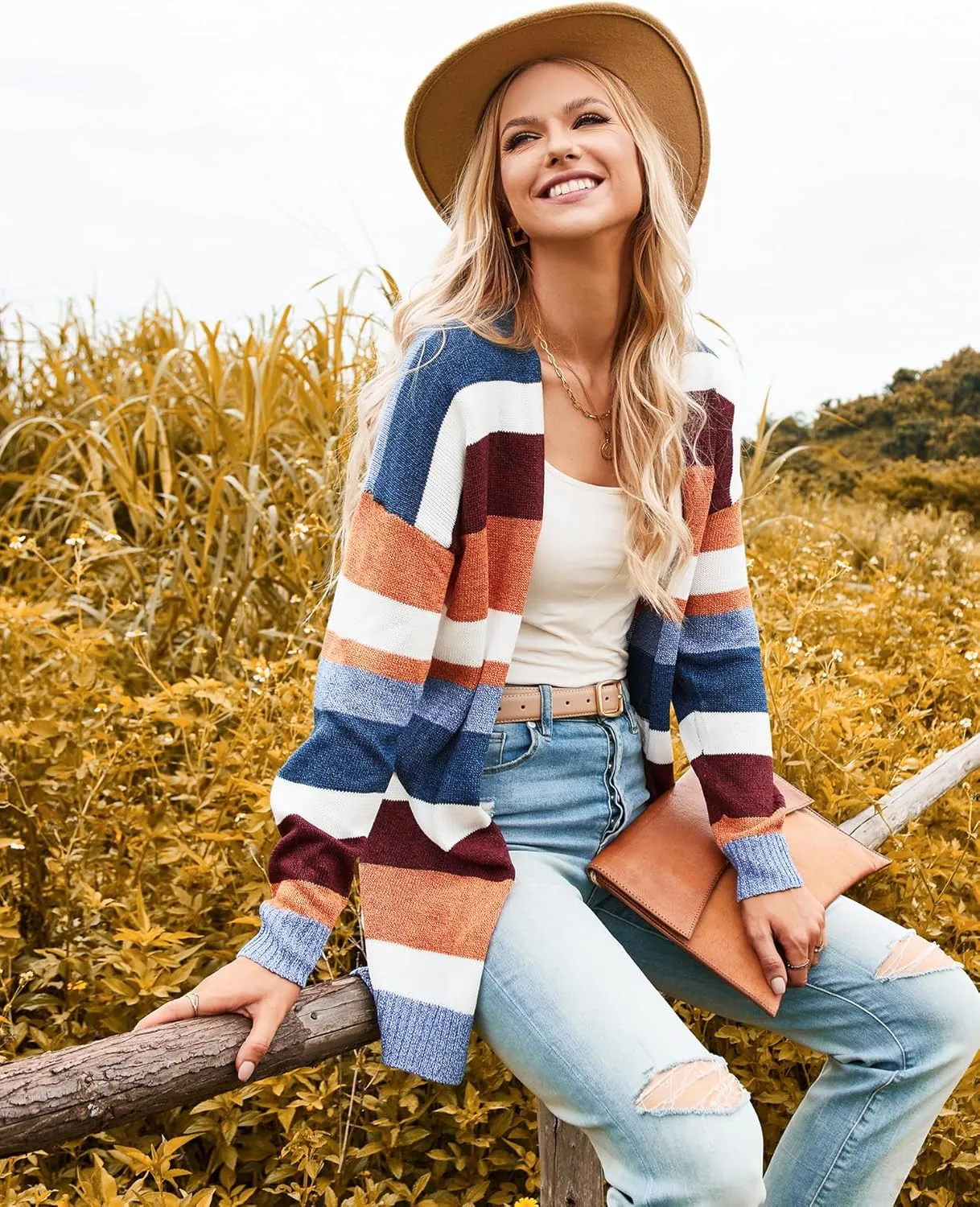ECOWISH Cardigan Sweaters for Women Lightweight Fall Color Block Striped Long Sleeve Open Front Cozy Knitted Coats Outwear