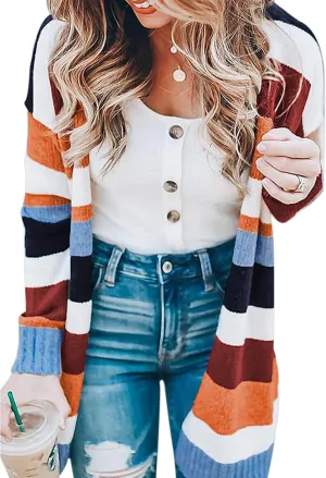 ECOWISH Cardigan Sweaters for Women Lightweight Fall Color Block Striped Long Sleeve Open Front Cozy Knitted Coats Outwear