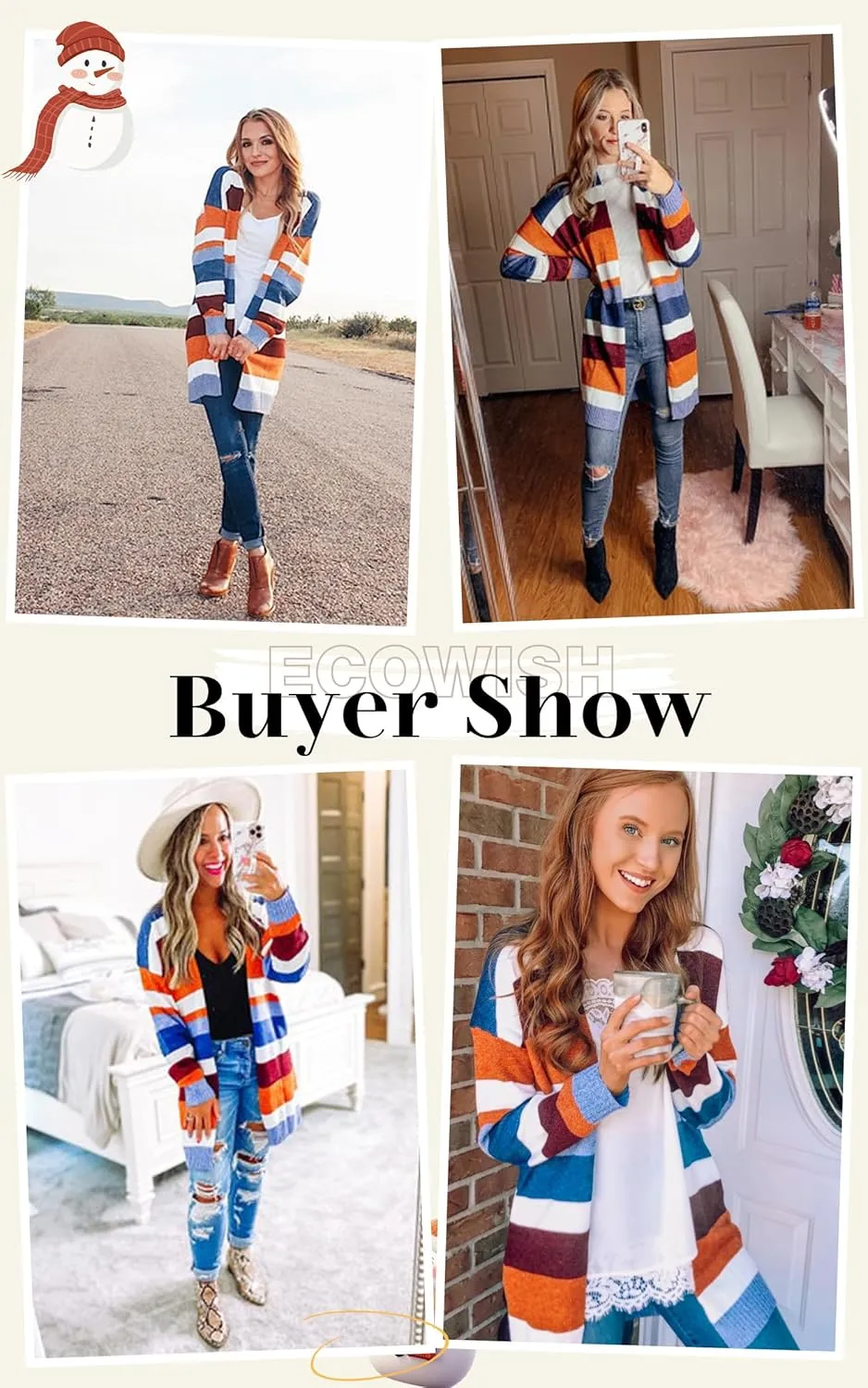 ECOWISH Cardigan Sweaters for Women Lightweight Fall Color Block Striped Long Sleeve Open Front Cozy Knitted Coats Outwear