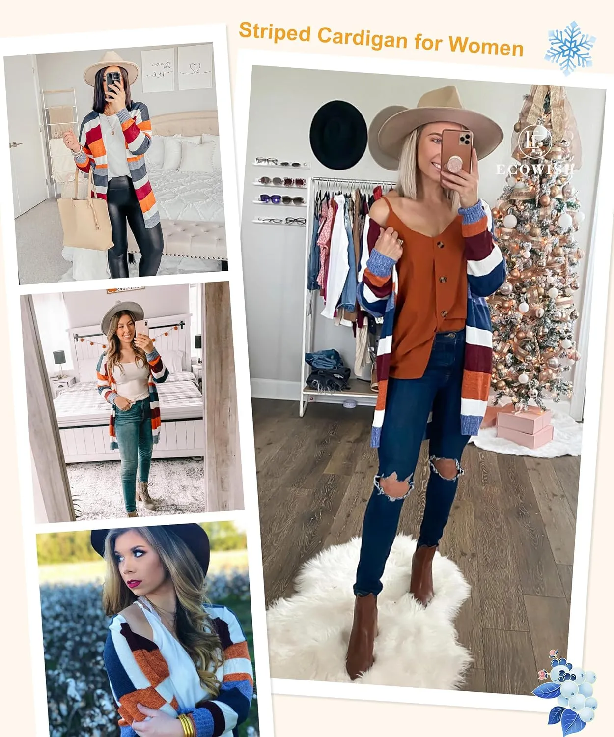ECOWISH Cardigan Sweaters for Women Lightweight Fall Color Block Striped Long Sleeve Open Front Cozy Knitted Coats Outwear