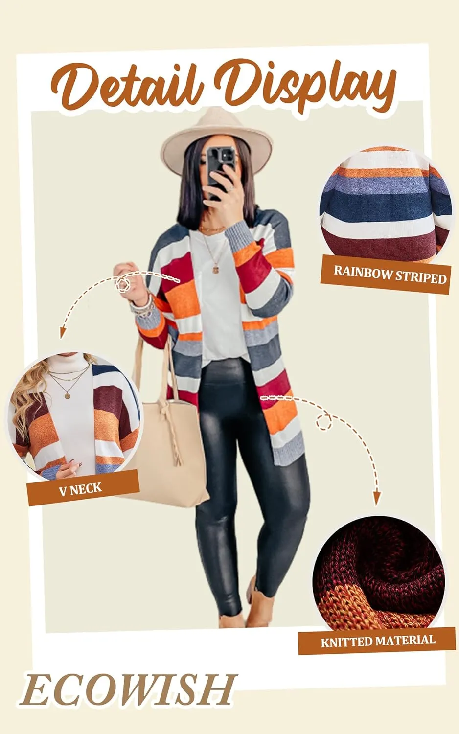 ECOWISH Cardigan Sweaters for Women Lightweight Fall Color Block Striped Long Sleeve Open Front Cozy Knitted Coats Outwear