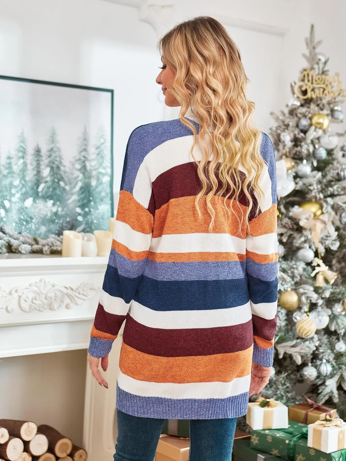 ECOWISH Cardigan Sweaters for Women Lightweight Fall Color Block Striped Long Sleeve Open Front Cozy Knitted Coats Outwear