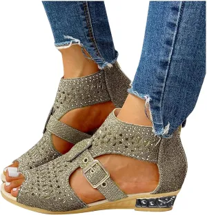 Eduavar Sandals for Women Dressy,Boho Sandals Womens Sandals Low Wedges Peep Toe Wrapped Sexy Cute Diamond Dressy Sandals