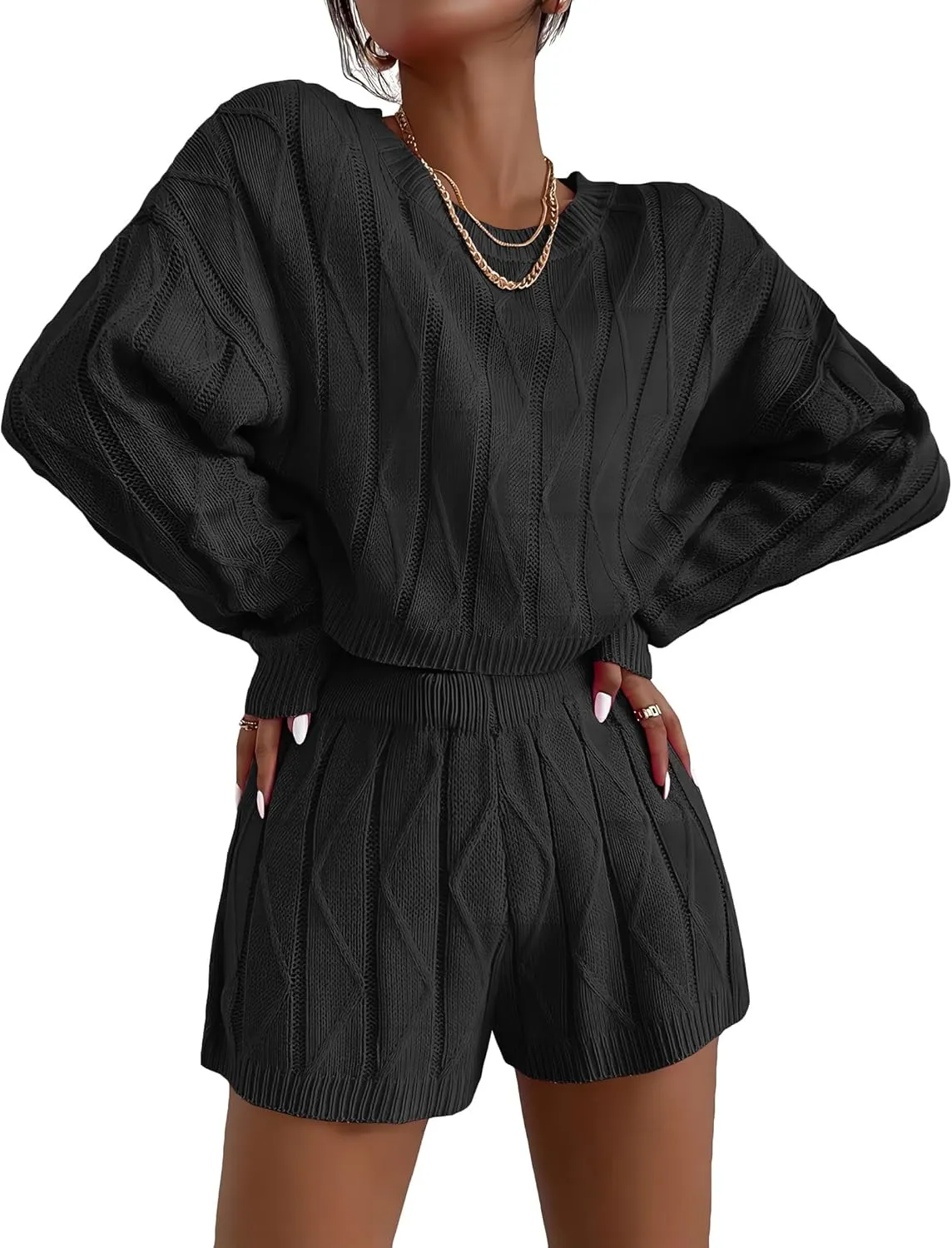 Ekouaer Knit Lounge Sets for Women 2 Piece Cozy Long Sleeve Pullover Sweater Top and Shorts Set Sweatsuit Outfits