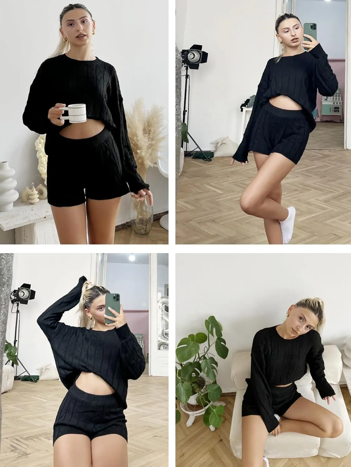 Ekouaer Knit Lounge Sets for Women 2 Piece Cozy Long Sleeve Pullover Sweater Top and Shorts Set Sweatsuit Outfits