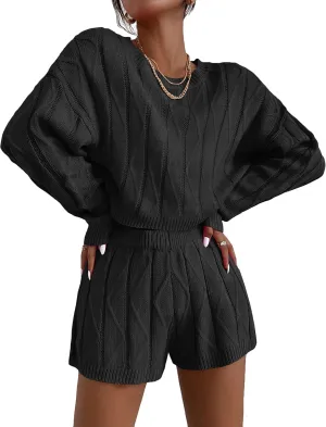 Ekouaer Knit Lounge Sets for Women 2 Piece Cozy Long Sleeve Pullover Sweater Top and Shorts Set Sweatsuit Outfits