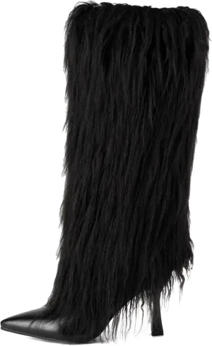 Elbslutt Women's Faux Fur Knee High Boot Pointed Toe Fluffy Boots Stiletto High Heel Long Boots Fall Boots Fashion Snow Tall Boots Winter Elegantes Dress Boot Shoes