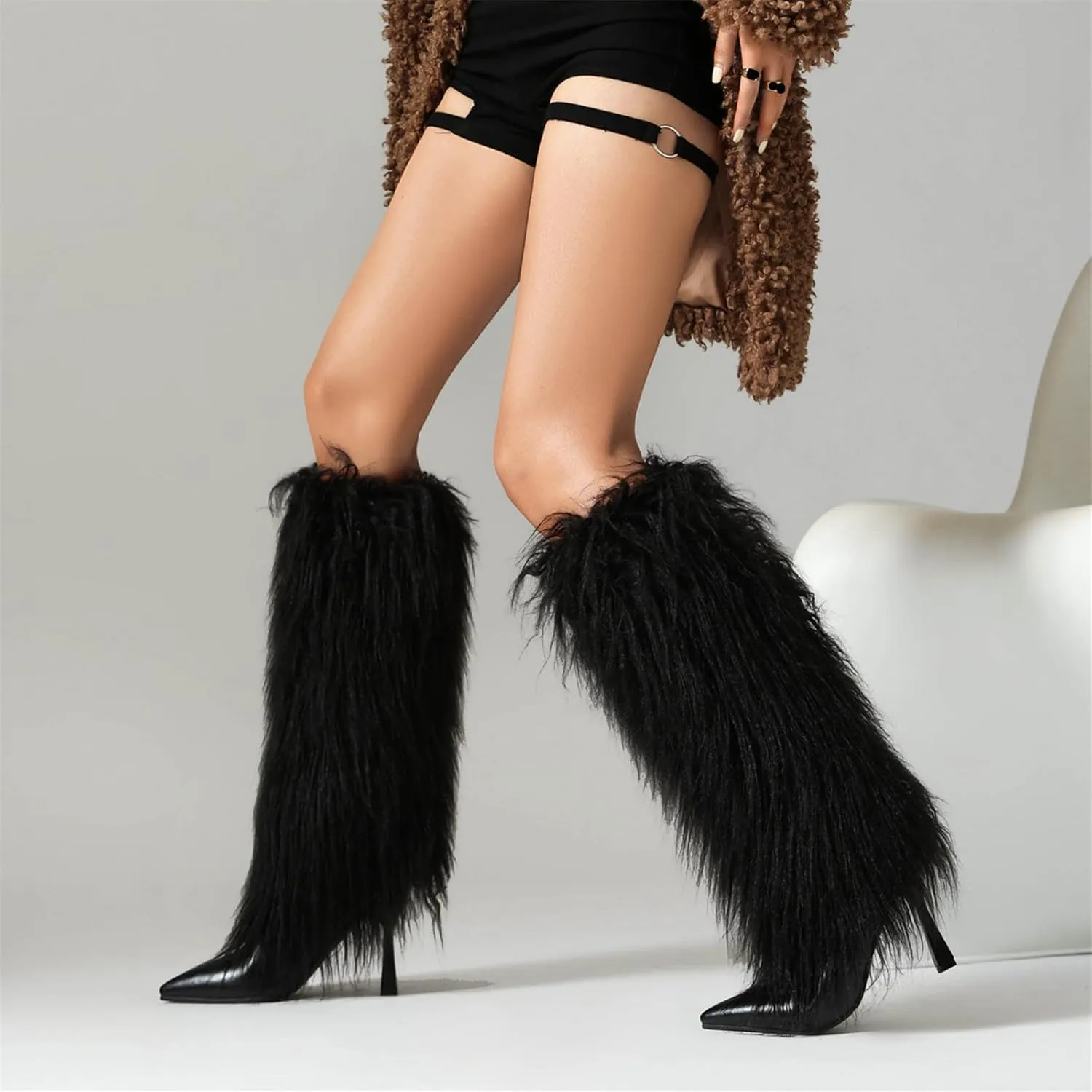 Elbslutt Women's Faux Fur Knee High Boot Pointed Toe Fluffy Boots Stiletto High Heel Long Boots Fall Boots Fashion Snow Tall Boots Winter Elegantes Dress Boot Shoes