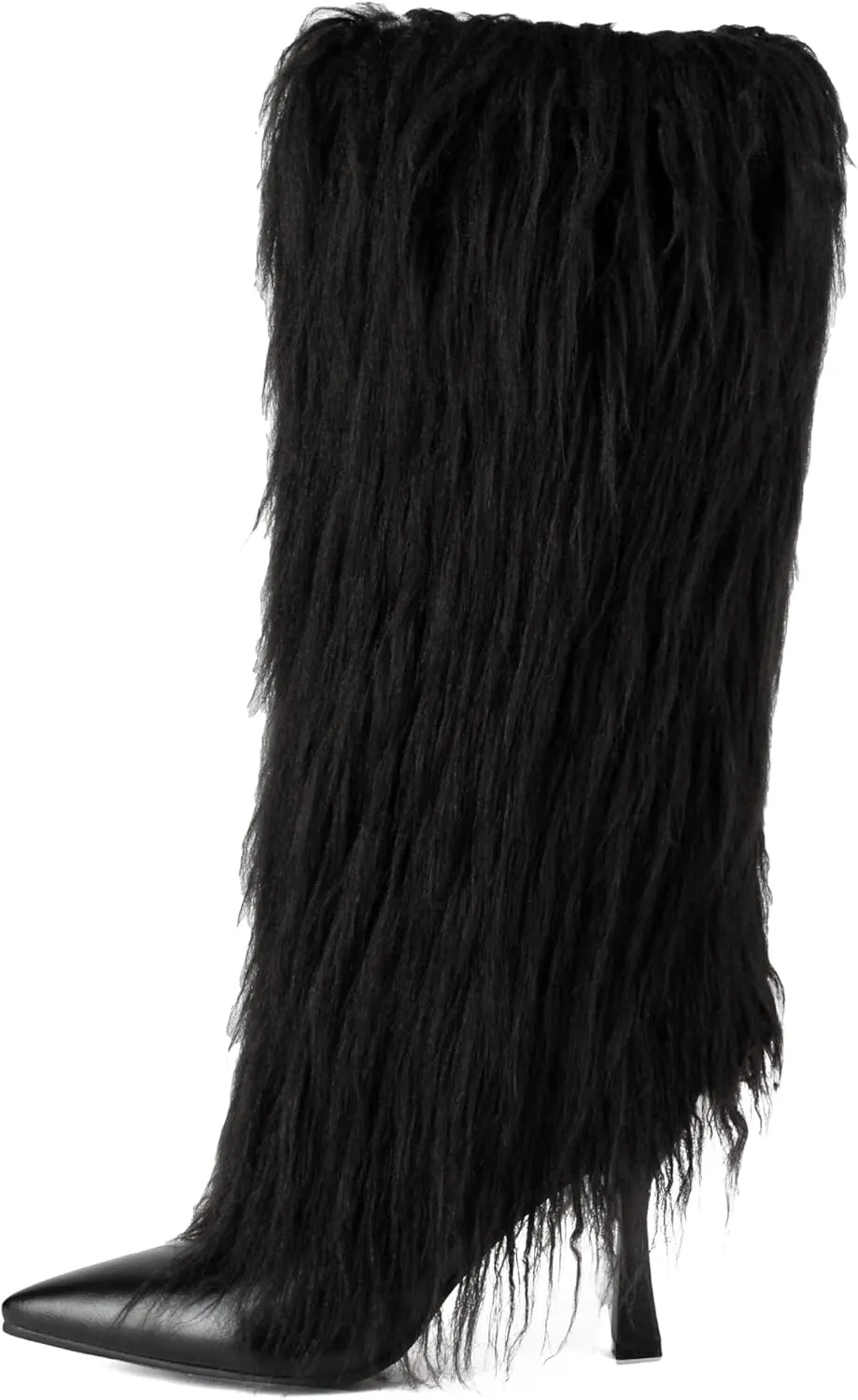 Elbslutt Women's Faux Fur Knee High Boot Pointed Toe Fluffy Boots Stiletto High Heel Long Boots Fall Boots Fashion Snow Tall Boots Winter Elegantes Dress Boot Shoes
