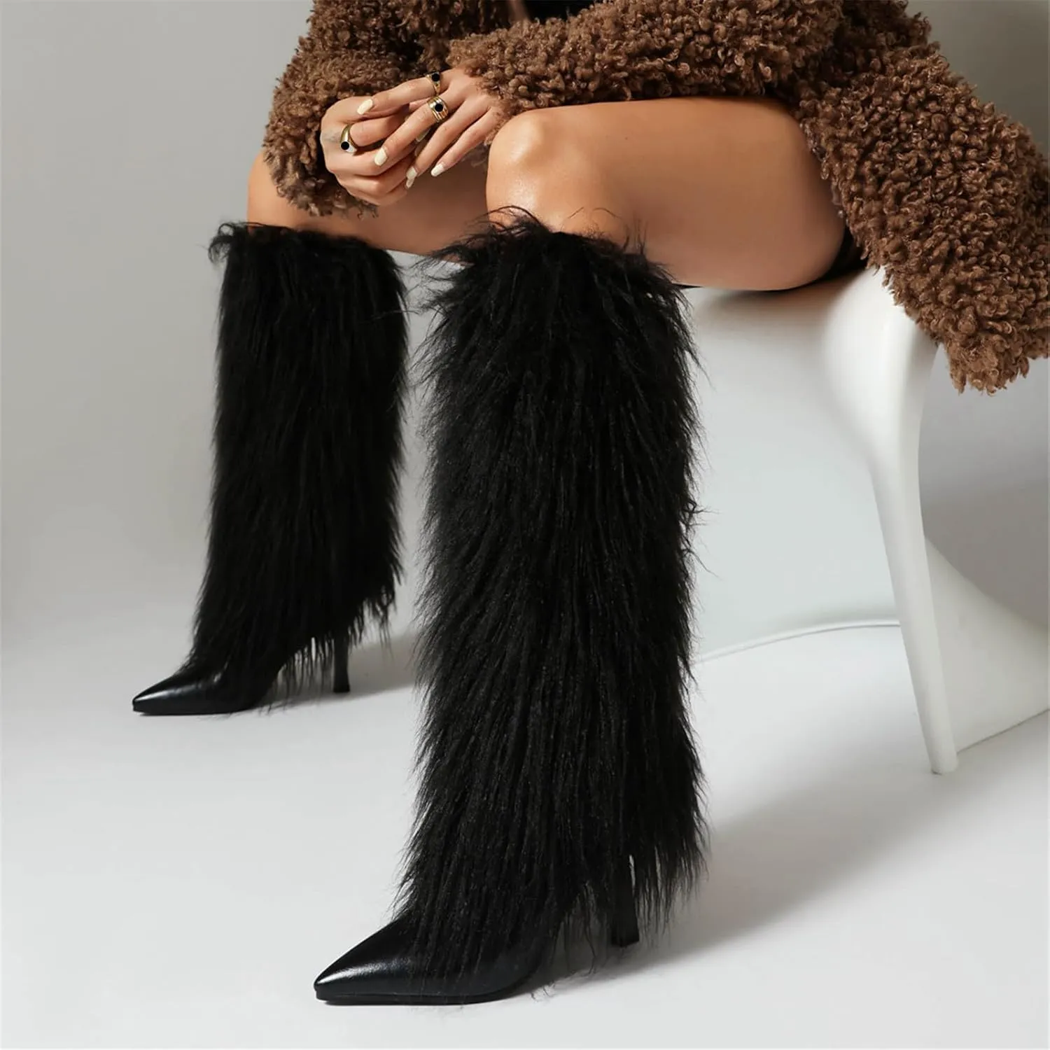 Elbslutt Women's Faux Fur Knee High Boot Pointed Toe Fluffy Boots Stiletto High Heel Long Boots Fall Boots Fashion Snow Tall Boots Winter Elegantes Dress Boot Shoes