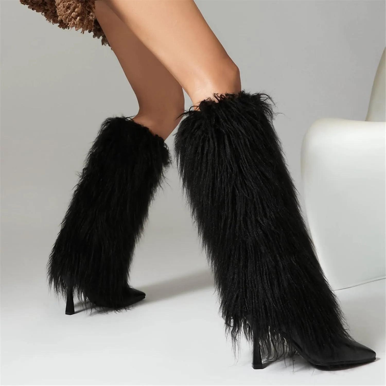 Elbslutt Women's Faux Fur Knee High Boot Pointed Toe Fluffy Boots Stiletto High Heel Long Boots Fall Boots Fashion Snow Tall Boots Winter Elegantes Dress Boot Shoes
