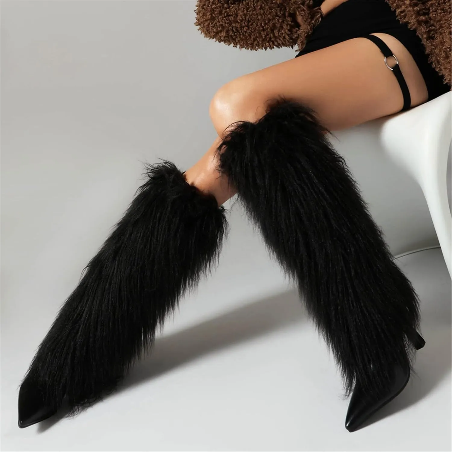 Elbslutt Women's Faux Fur Knee High Boot Pointed Toe Fluffy Boots Stiletto High Heel Long Boots Fall Boots Fashion Snow Tall Boots Winter Elegantes Dress Boot Shoes
