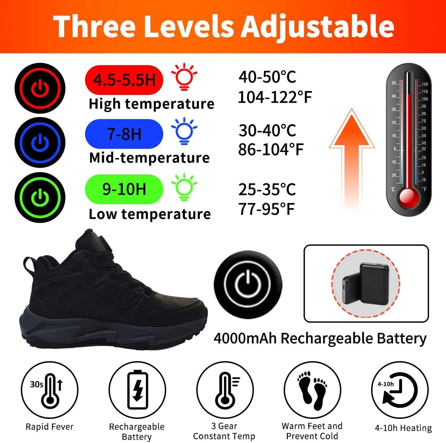 Electric Foot Warmer Rechargeable Heated Sneakers - Fast Heating, Lightweight Snow Boots for Men and Women - Waterproof Outdoor Shoes