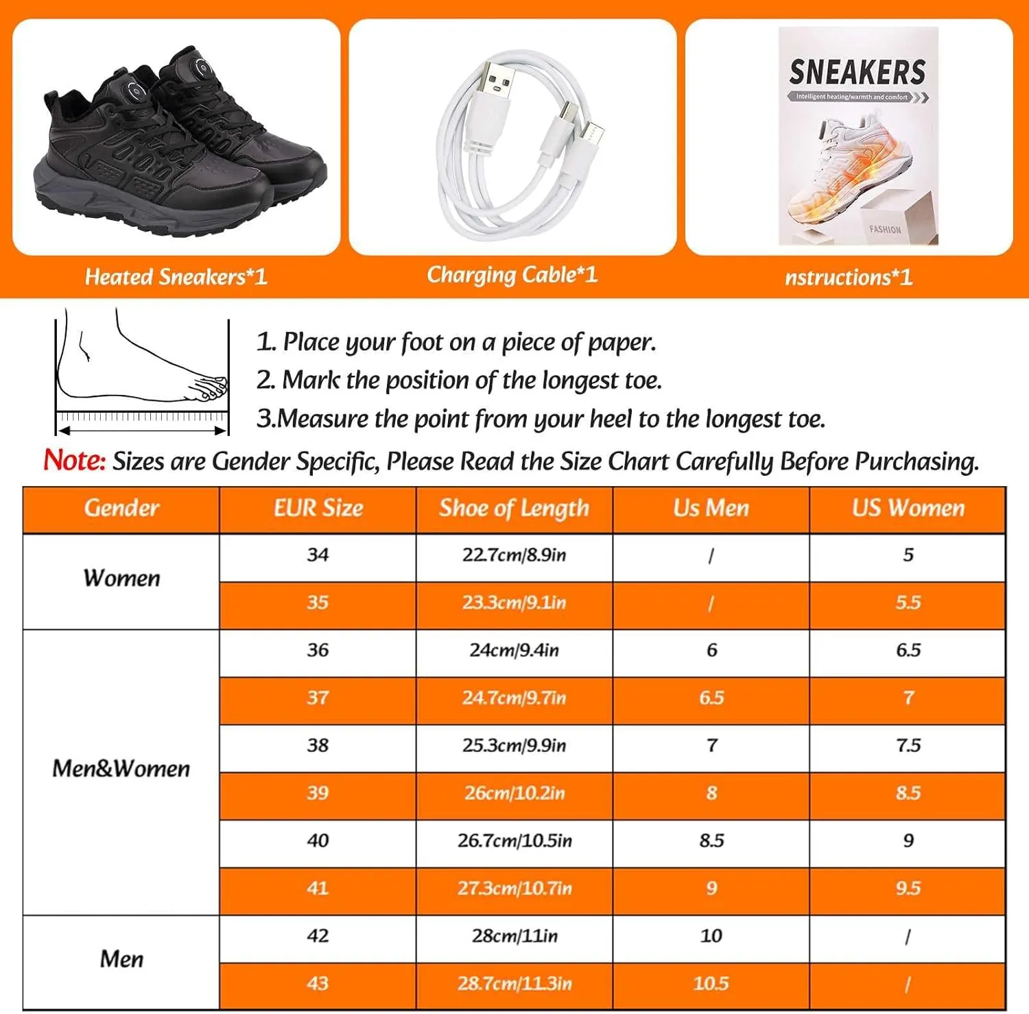 Electric Heated Shoes for Women Men - Rechargeable Heated Sneakers with 3 Heating Levels Feet Warmers Non Slip Waterproof Heated Sports Shoes for Outdoor Work Sports Hiking
