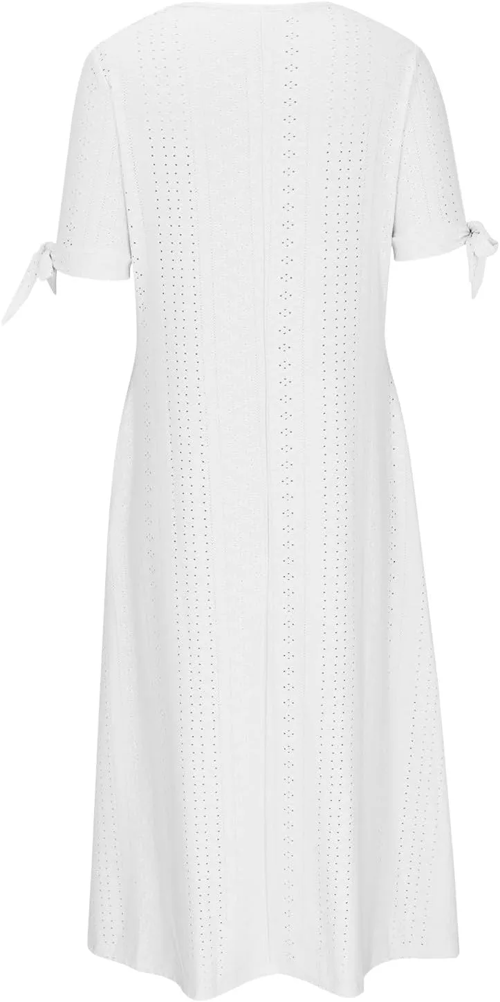 Elegant Summer Dresses for Women 2024 Trendy Tie Short Sleeve Button Down v Neck Eyelet Maxi Long Tshirt Dress