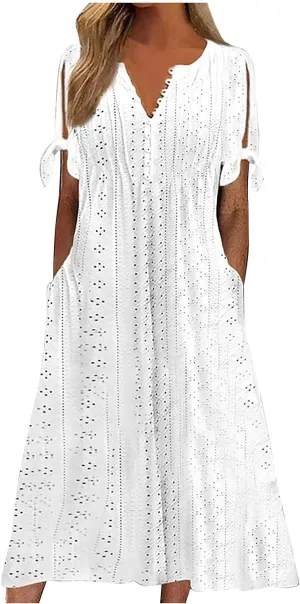 Elegant Summer Dresses for Women 2024 Trendy Tie Short Sleeve Button Down v Neck Eyelet Maxi Long Tshirt Dress