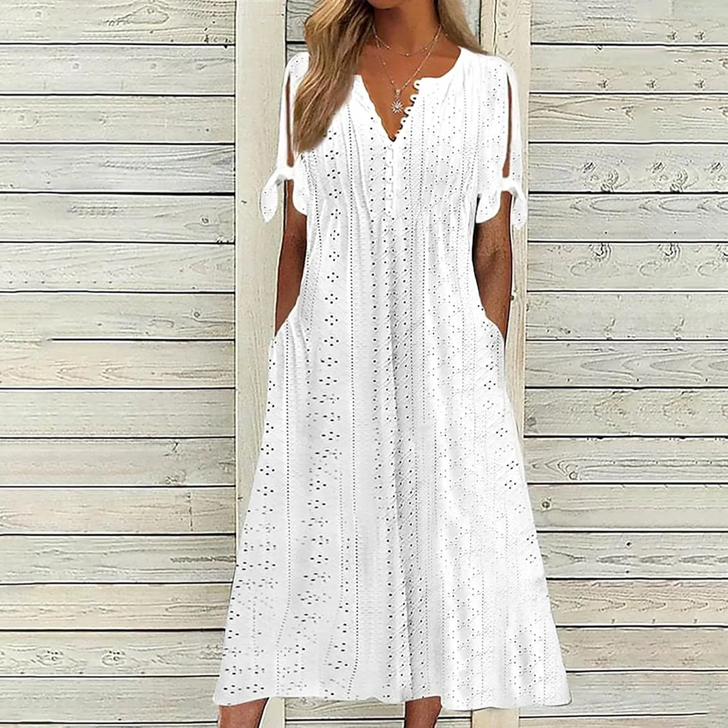 Elegant Summer Dresses for Women 2024 Trendy Tie Short Sleeve Button Down v Neck Eyelet Maxi Long Tshirt Dress