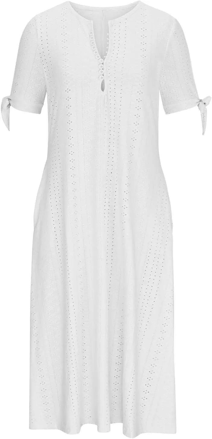 Elegant Summer Dresses for Women 2024 Trendy Tie Short Sleeve Button Down v Neck Eyelet Maxi Long Tshirt Dress