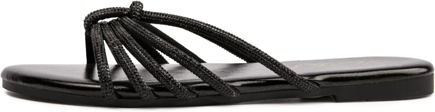Eozlink Women's Flat Sandals Rhinestone Open Toe Sandals for Women Casual Sparkle Flat Sandals for Women Glitter Bling Evening Party Prom Dance Slide Sandal