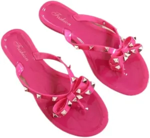Epsion Women's Studded Jelly Flip Flop Sandals Casual Summer Flat Shoes Open Toes Rivets Bow Slide Beach Clear Slipper