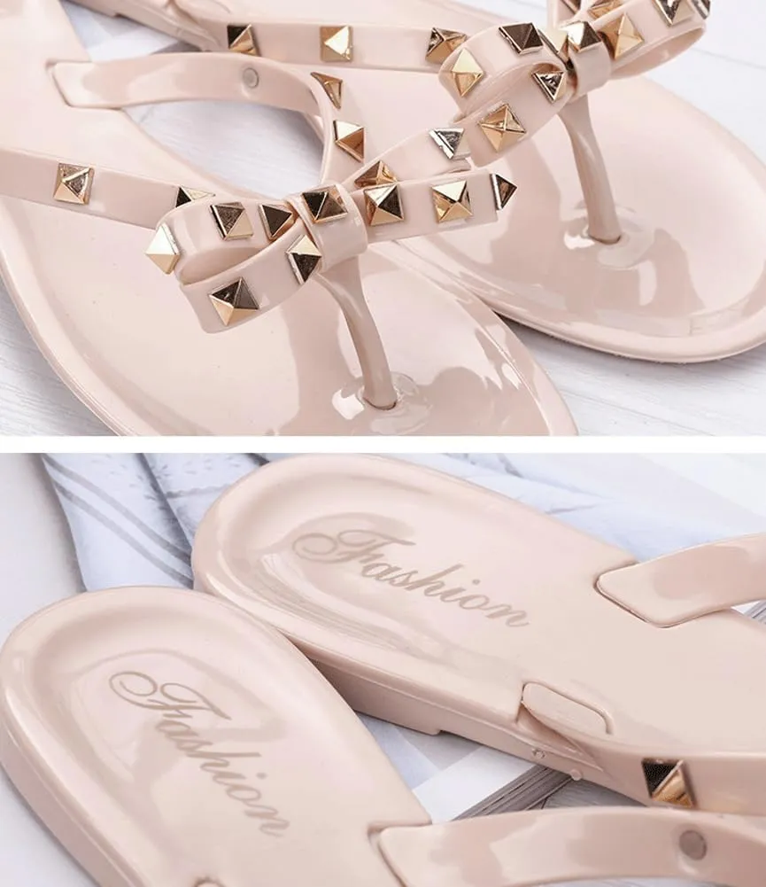 Epsion Women's Studded Jelly Flip Flop Sandals Casual Summer Flat Shoes Open Toes Rivets Bow Slide Beach Clear Slipper