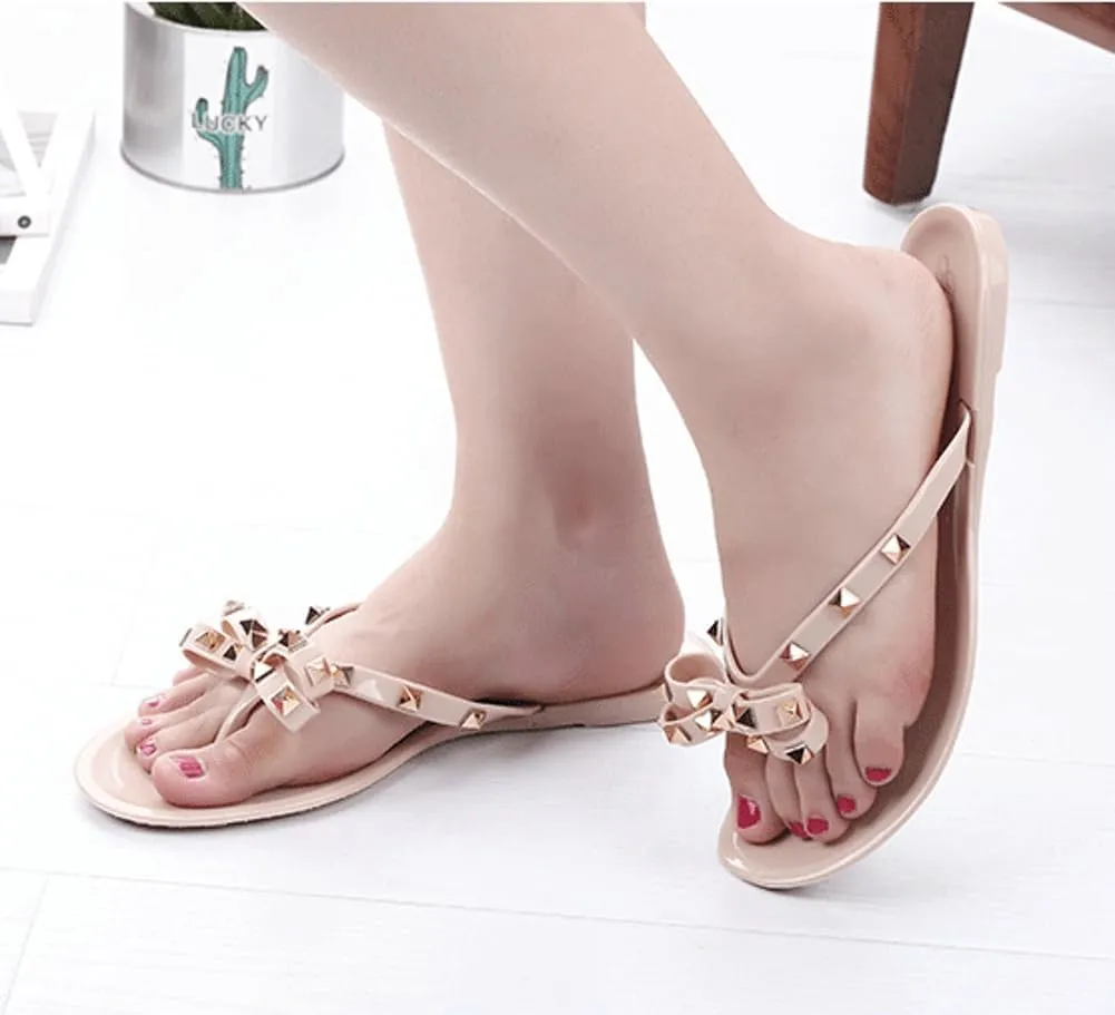 Epsion Women's Studded Jelly Flip Flop Sandals Casual Summer Flat Shoes Open Toes Rivets Bow Slide Beach Clear Slipper