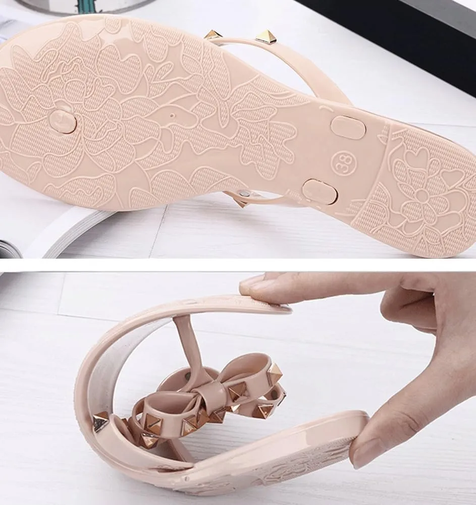 Epsion Women's Studded Jelly Flip Flop Sandals Casual Summer Flat Shoes Open Toes Rivets Bow Slide Beach Clear Slipper