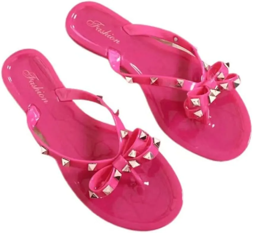 Epsion Women's Studded Jelly Flip Flop Sandals Casual Summer Flat Shoes Open Toes Rivets Bow Slide Beach Clear Slipper