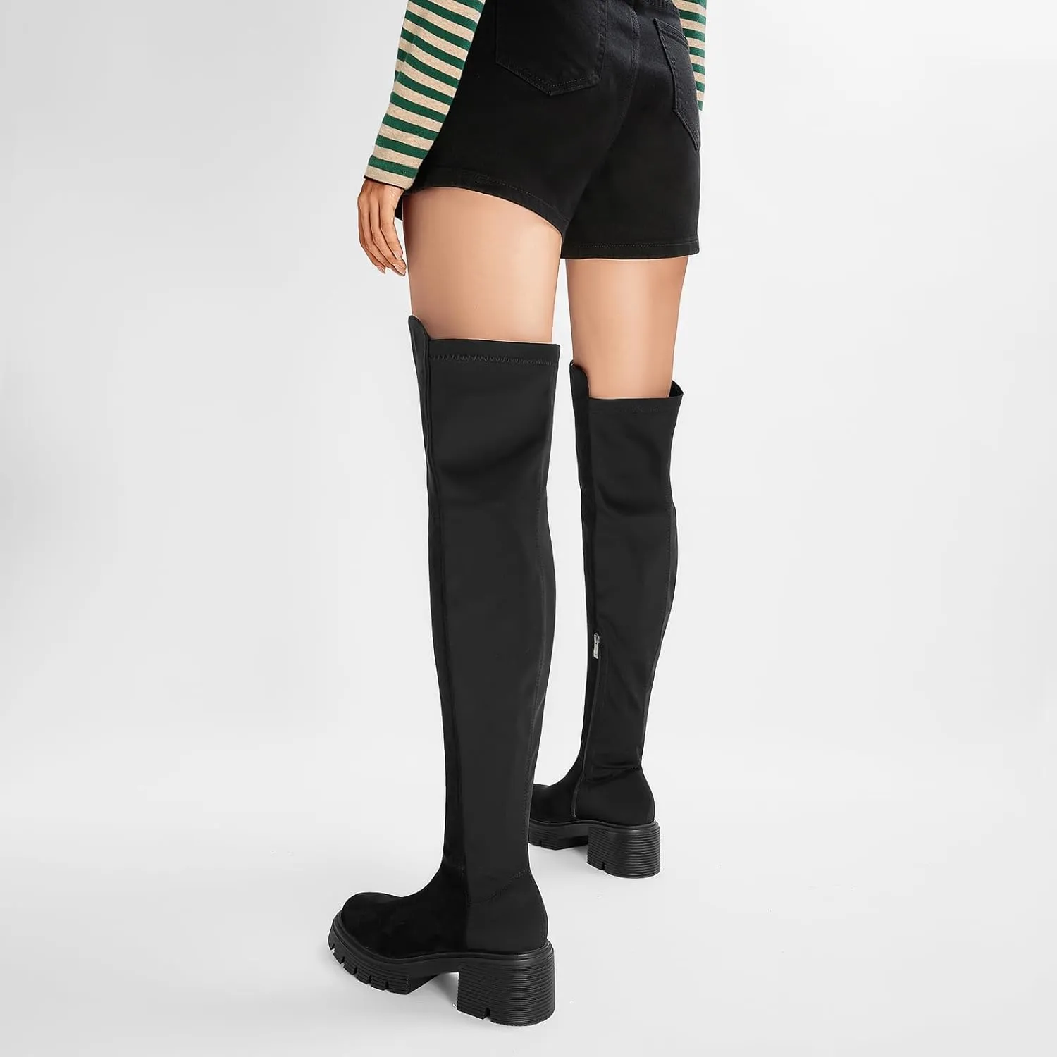 ErikenUrben Women Black Thigh High Boots Suede Over The Knee High Boots Platform Chunky Heel Stretch Boots Zip