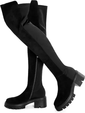 ErikenUrben Women Black Thigh High Boots Suede Over The Knee High Boots Platform Chunky Heel Stretch Boots Zip