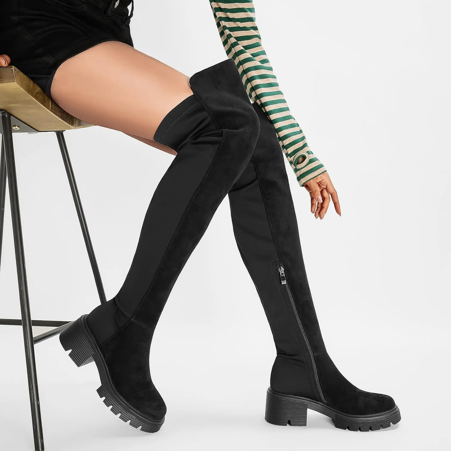 ErikenUrben Women Black Thigh High Boots Suede Over The Knee High Boots Platform Chunky Heel Stretch Boots Zip