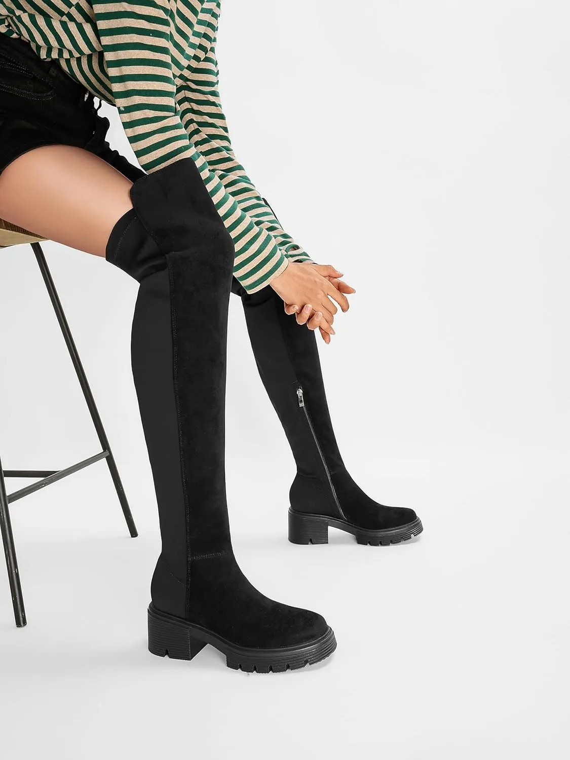 ErikenUrben Women Black Thigh High Boots Suede Over The Knee High Boots Platform Chunky Heel Stretch Boots Zip