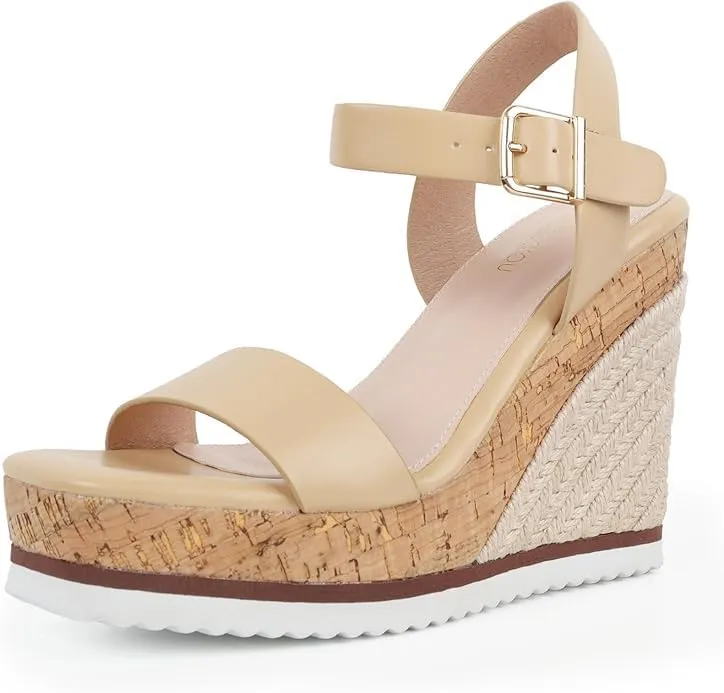 Espadrille Dressy Wedge Sandals, Adjustable Ankle Strap Buckle Women's Platform Sandals Dressy Square Toe, Comfortable High Heel Beach Shoes with Cushioned Footbed for Casual Summer