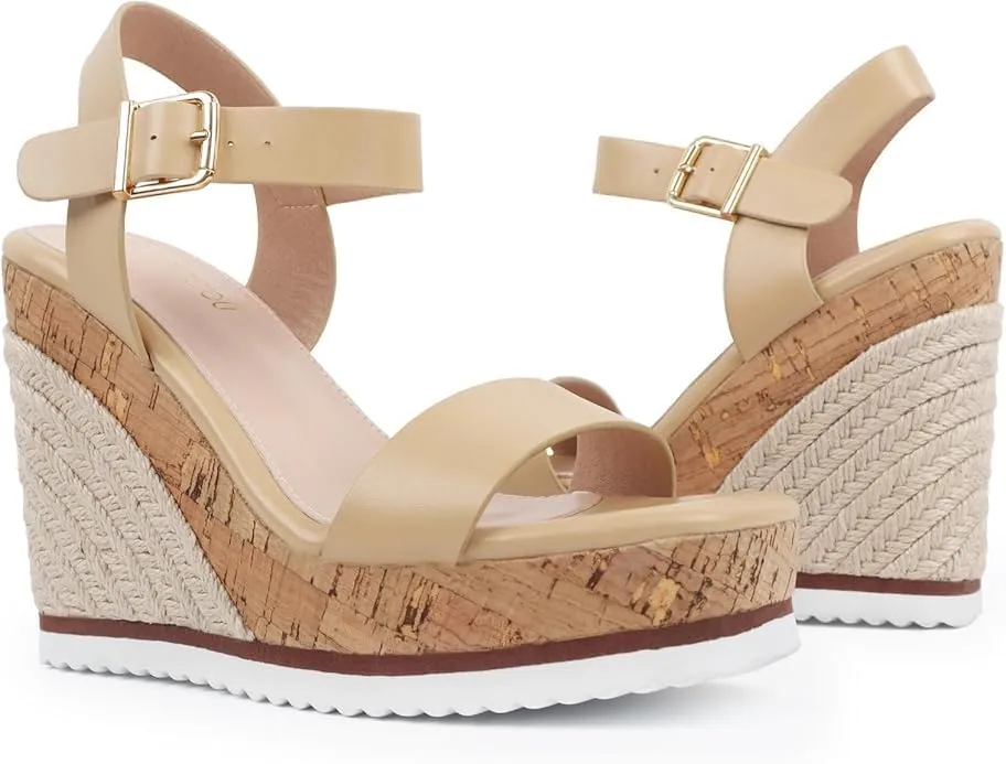 Espadrille Dressy Wedge Sandals, Adjustable Ankle Strap Buckle Women's Platform Sandals Dressy Square Toe, Comfortable High Heel Beach Shoes with Cushioned Footbed for Casual Summer
