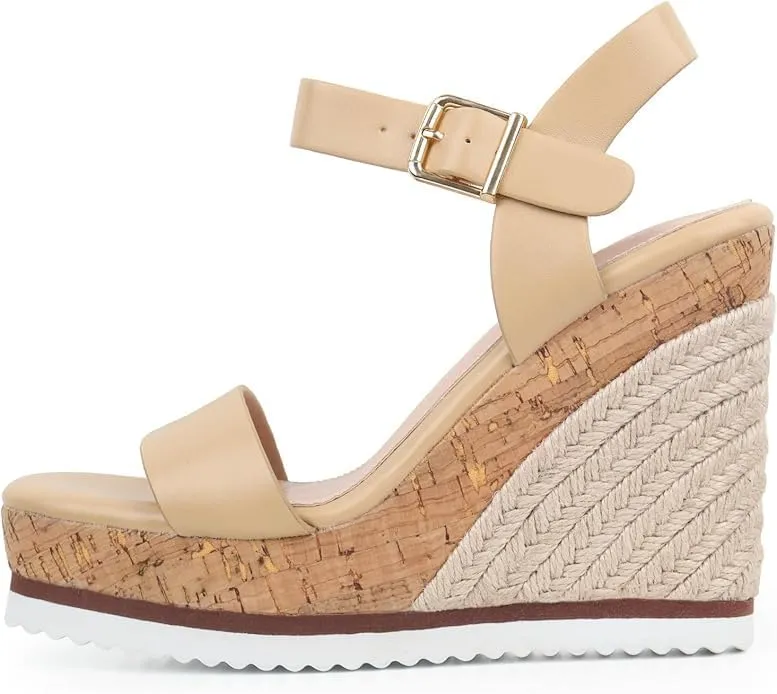 Espadrille Dressy Wedge Sandals, Adjustable Ankle Strap Buckle Women's Platform Sandals Dressy Square Toe, Comfortable High Heel Beach Shoes with Cushioned Footbed for Casual Summer