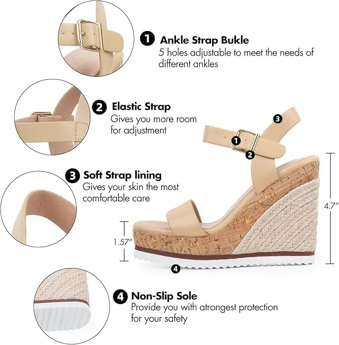 Espadrille Dressy Wedge Sandals, Adjustable Ankle Strap Buckle Women's Platform Sandals Dressy Square Toe, Comfortable High Heel Beach Shoes with Cushioned Footbed for Casual Summer