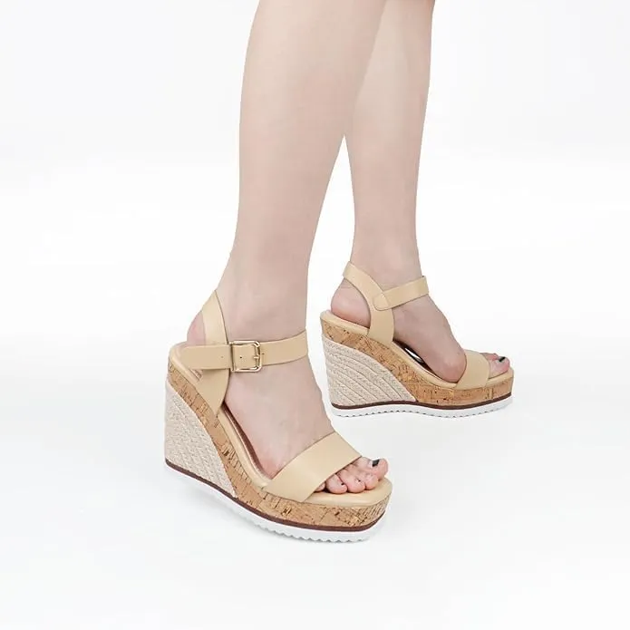 Espadrille Dressy Wedge Sandals, Adjustable Ankle Strap Buckle Women's Platform Sandals Dressy Square Toe, Comfortable High Heel Beach Shoes with Cushioned Footbed for Casual Summer