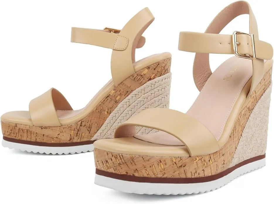 Espadrille Dressy Wedge Sandals, Adjustable Ankle Strap Buckle Women's Platform Sandals Dressy Square Toe, Comfortable High Heel Beach Shoes with Cushioned Footbed for Casual Summer
