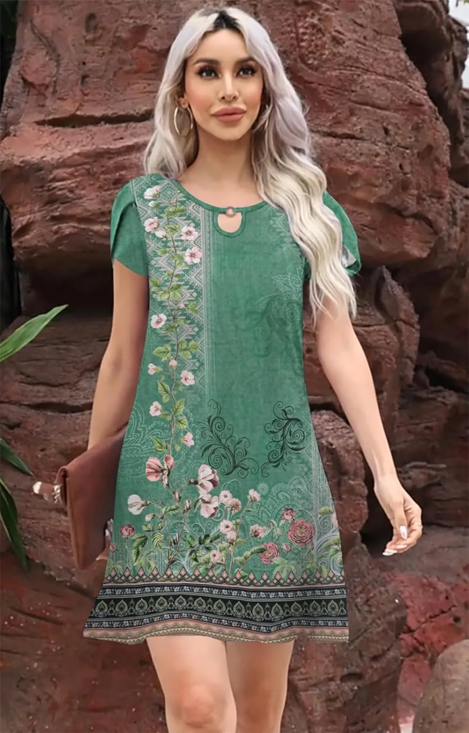 ETCYY NEW 2024 Petal Short Sleeve Summer Dresses for Women Boho Floral Print Sundresses Swing Beach Dress