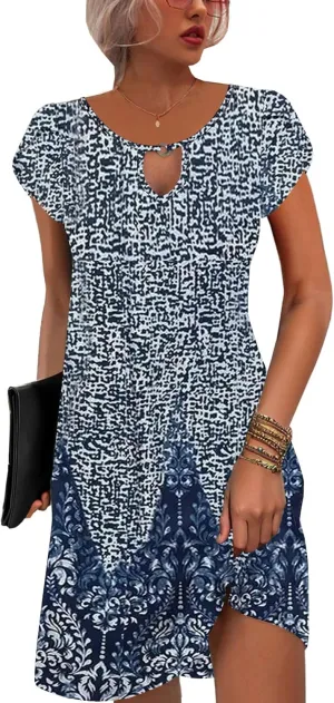 ETCYY NEW 2024 Petal Short Sleeve Summer Dresses for Women Boho Floral Print Sundresses Swing Beach Dress
