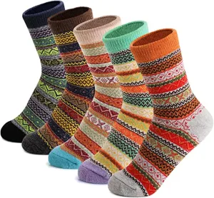 Ethnic Print Crew Socks Stripes Pattern Quartz Socks Vintage Colorful Cozy Socks for Women, Ladies, Girls, 5 Pack