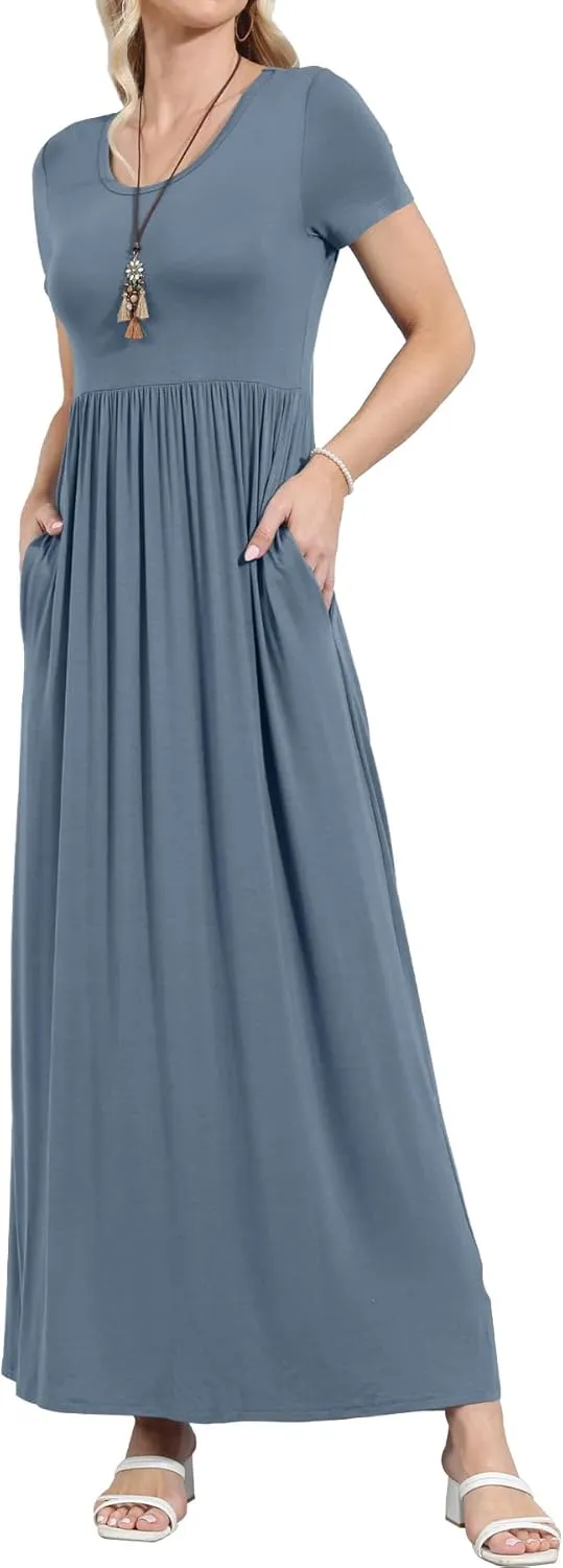 EUOVMY Women's Short Sleeve Loose Plain Maxi Dresses Casual Vacation Long Dresses with Pockets